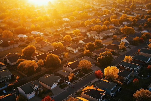 Photo une vue aérienne époustouflante capturant un quartier au coucher du soleil parfait pour montrer la beauté et la tranquillité des zones résidentielles