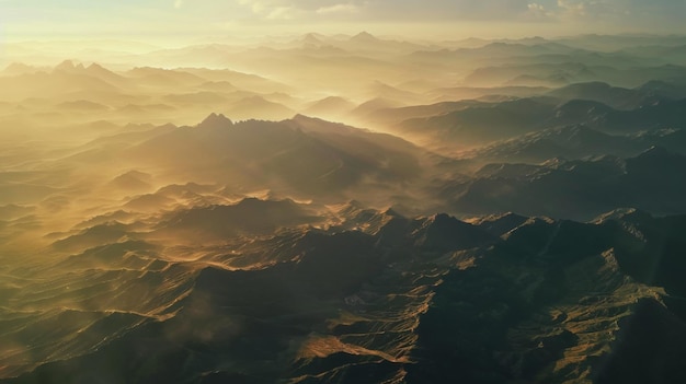 Une vue aérienne époustouflante d'une chaîne de montagnes s'étendant jusqu'à l'horizon avec des couches de sommets et de vallées baignées dans la lumière chaude de l'aube une vue naturelle à couper le souffle