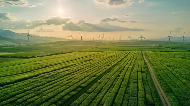 Une vue aérienne époustouflante de champs verts luxuriants, d'éoliennes au loin et d'un pipeline reliant