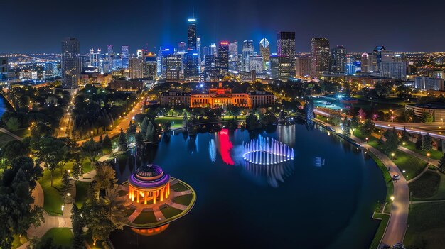 Une vue aérienne époustouflante d'une ville la nuit la ville est pleine de gratte-ciel et de lumières et la rivière reflète les couleurs des lumières de la ville