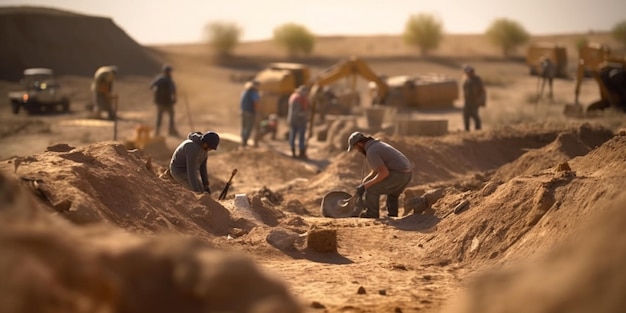 Une vue aérienne d'une équipe d'excavation archéologique travaillant dans un paysage désertique généré par l'IA