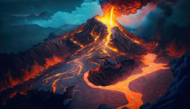 Vue aérienne de l'éruption du volcan avec de la lave qui coule sur fond de montagne rocheuse magma Generative Ai