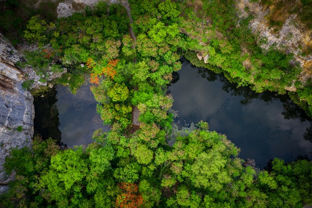 Vue aérienne de l'étang de forme ronde dans la forêt d'automne