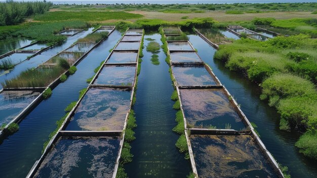 Vue aérienne d'étangs d'élevage de poissons entourés de végétation