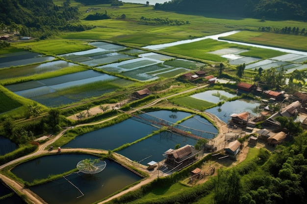 Vue aérienne des étangs de pisciculture écologiques