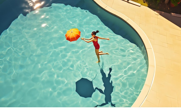 Vue aérienne d'évasion sereine d'une femme dans une piscine