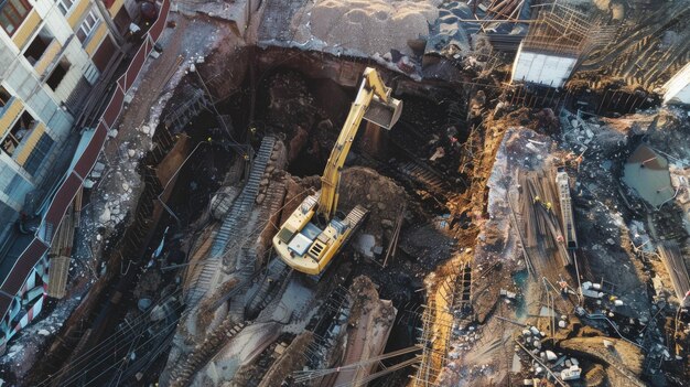 Photo vue aérienne d'une excavatrice sur le chantier au coucher du soleil