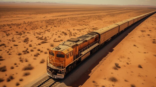 Vue aérienne de l'expédition de minerai de fer du train de marchandises massif traversant le désert mauritanien vers Nouadhibou