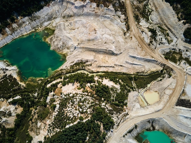 Vue aérienne de l'extraction de la carrière de kaolin d'argile de porcelaine avec de l'eau turquoise