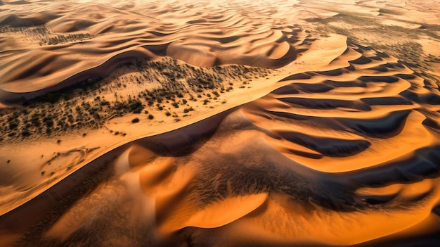 Une vue aérienne fascinante des dunes du désert sculptées par le vent mettant en évidence les superbes motifs et textures du paysage aride