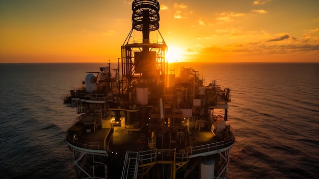 Une vue aérienne fascinante d'un inspecteur mécanique effectuant la maintenance d'une plate-forme pétrolière et gazière offshore au coucher du soleil