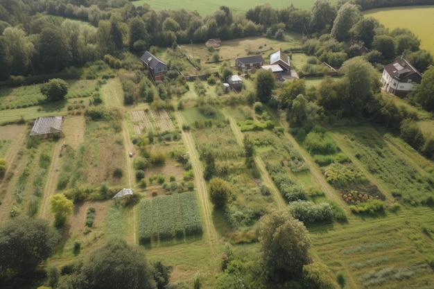 Une vue aérienne d'une ferme avec beaucoup d'arbres AI générative