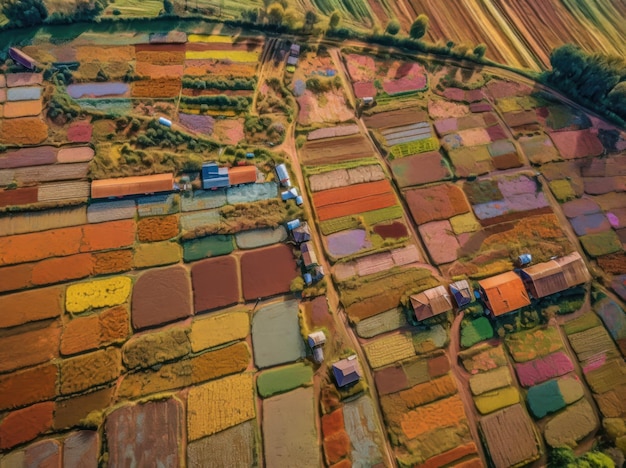 Vue aérienne d'une ferme colorée