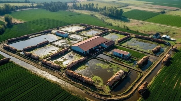 une vue aérienne d'une ferme avec un étang