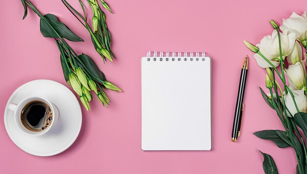 Une vue aérienne de fleurs de bouquet avec un stylo de carte de journal et une tasse de café sur l'espace de copie de fond rose