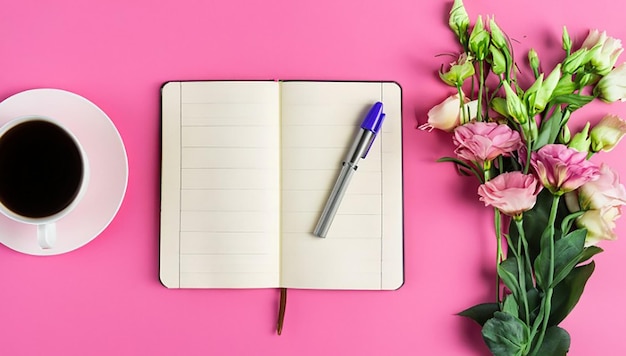 Une vue aérienne de fleurs de bouquet avec un stylo de carte de journal et une tasse de café sur l'espace de copie de fond rose