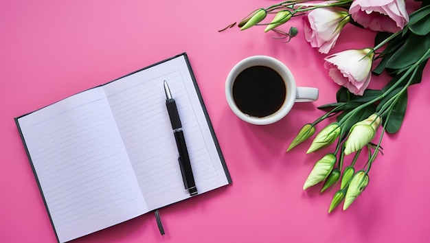 Une vue aérienne de fleurs d'eustome avec un stylo de carte de journal et une tasse de café sur un fond rose