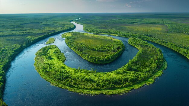 Photo vue aérienne d'un fleuve sinueux en arrière-plan