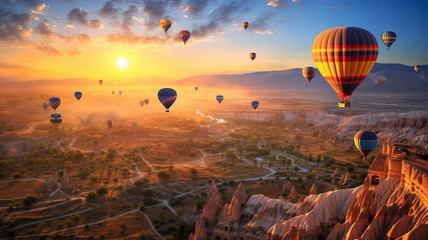 Vue aérienne d'une flotte de ballons à air chaud en Cappadocie