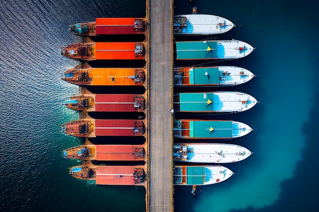 Vue aérienne d'une flotte de pétroliers alignés dans un port, attendant d'être chargés ou déchargés Generative AI. Photo de haute qualité