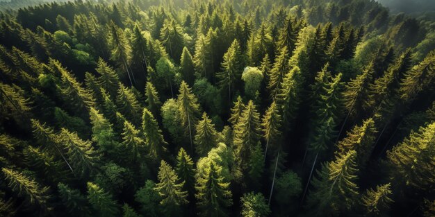 Vue aérienne d'une forêt avec des arbres et le soleil qui brille dessus