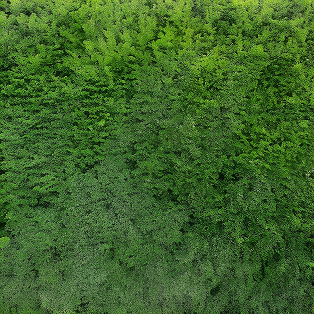 Vue aérienne d'une forêt avec des arbres verts et le soleil qui brille au sommet.