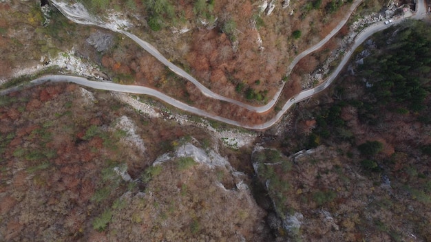 Vue aérienne d'une forêt d'automne à travers laquelle passe une route sinueuse dans les montagnes