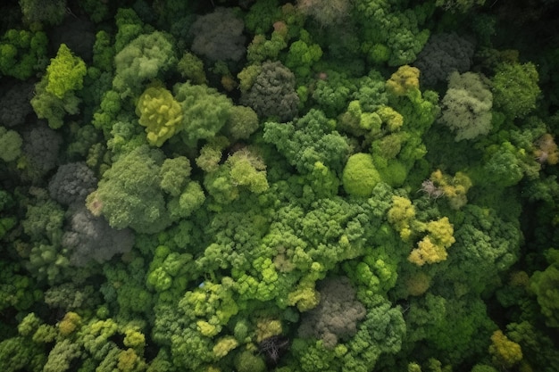 Une vue aérienne d'une forêt avec beaucoup d'arbres AI générative