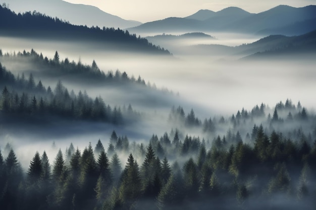 Vue aérienne d'une forêt avec un ciel brumeux et des montagnes en arrière-plan ai générative