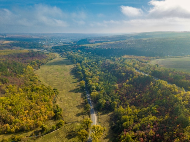 Vue aérienne de la forêt colorée à l'automne avec route qui traverse