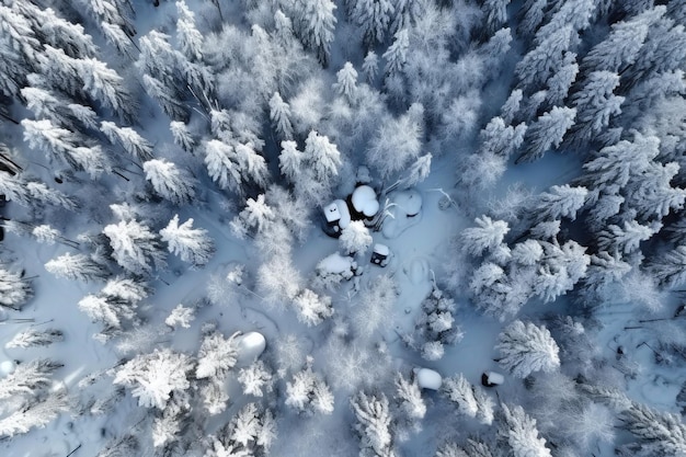 Vue aérienne d'une forêt enneigée créée avec une IA générative