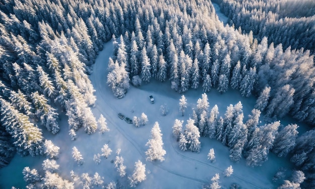 Photo vue aérienne d'une forêt enneigée avec une route