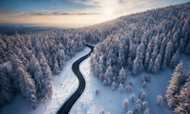 Photo vue aérienne d'une forêt enneigée avec une route