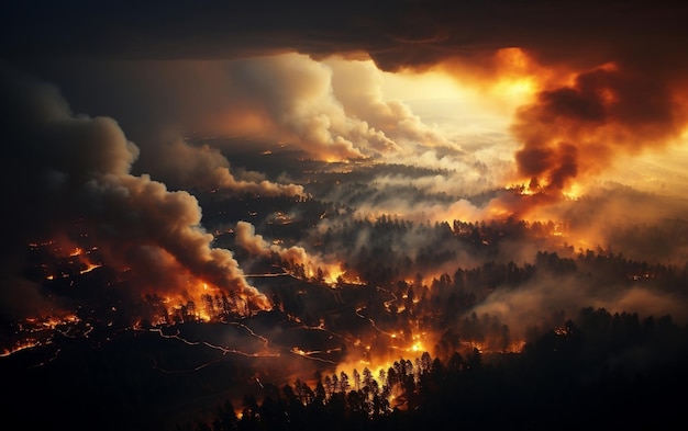 Vue aérienne d'une forêt en feu AI