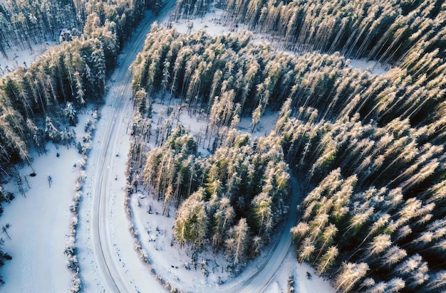 Vue aérienne de la forêt d'hiver et de la route de campagne Vue aérienne du paysage d'hiver AI générative