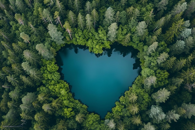 Vue aérienne d'une forêt avec un lac en forme de cœur.