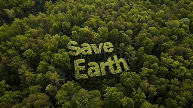 Une vue aérienne d'une forêt avec le message Sauvez la Terre écrit dans les arbres