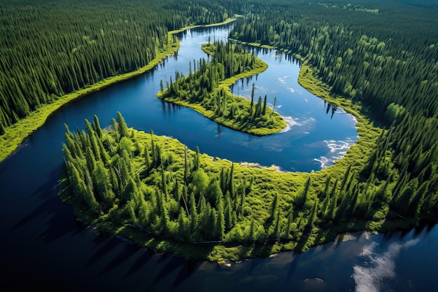 Vue aérienne de la forêt et de la rivière de la Taïga