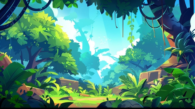 Photo une vue aérienne d'une forêt tropicale humide un fond de dessin animé avec un effet de parallaxe papier peint panoramique avec des feuilles vertes lianes roches et arbres cadre illustration moderne