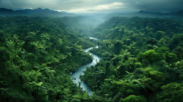 Vue aérienne d'une forêt tropicale luxuriante créée avec la technologie d'IA générative