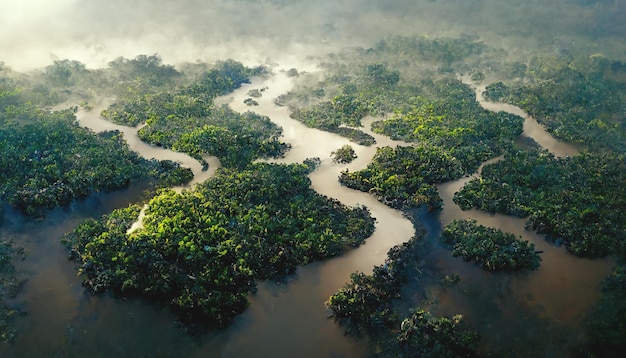 Vue aérienne de la forêt tropicale et de la rivière Paysage de concept de climat et de nature