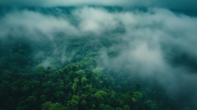 Vue aérienne d'une forêt vert foncé avec des nuages brumeux