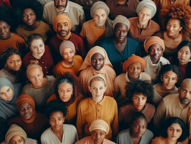 Photo une vue aérienne d'une foule diversifiée de personnes regardant directement la caméra