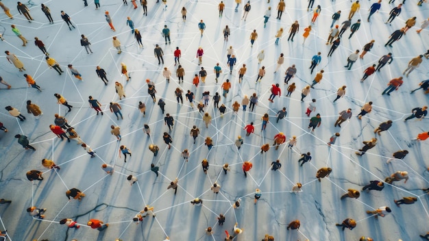 Vue aérienne d'une foule reliée par des lignes