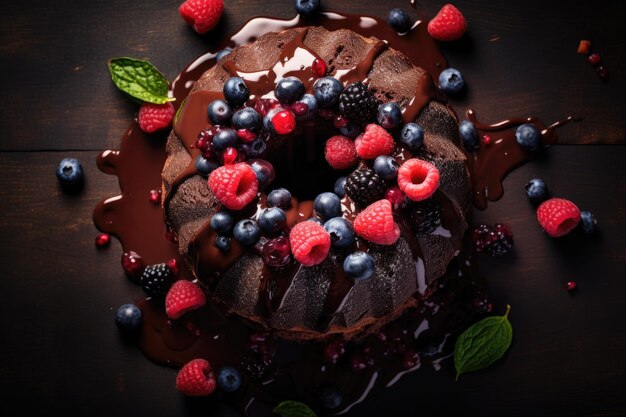 Vue aérienne d'un gâteau Bundt avec du chocolat fondu et des baies glacées