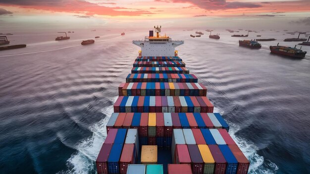Vue aérienne d'un grand porte-conteneurs dans les affaires d'exportation et d'importation et de logistique en mer