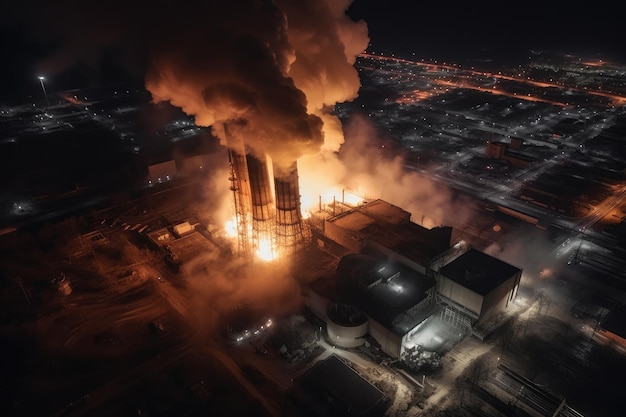 Vue aérienne de la grande explosion et de l'incendie à la centrale électrique