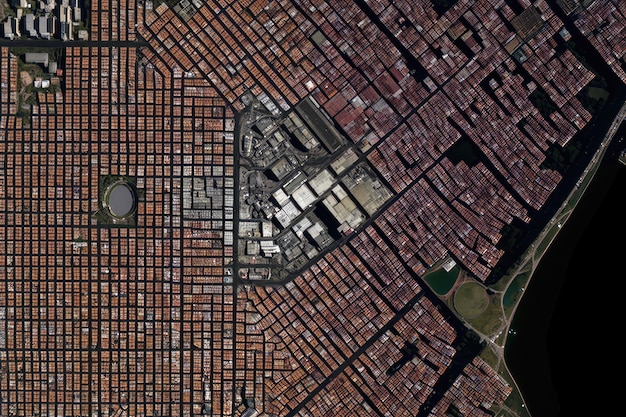 Une vue aérienne d'une grande ville avec des bâtiments et une rivière au milieu.