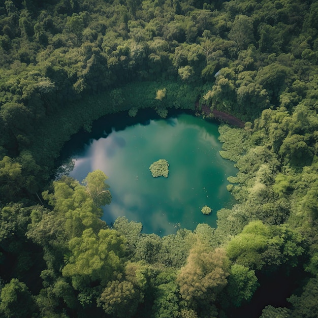 Vue aérienne de haut en bas d'une forêt verte avec un drone de lac circulaire vue concept de durabilité