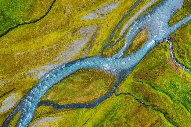 Vue aérienne de haut en bas de la rivière glaciaire en Islande tir de drone